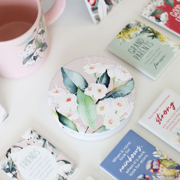 NATIVE BLOOMS WHITE FLORAL CERAMIC COASTER