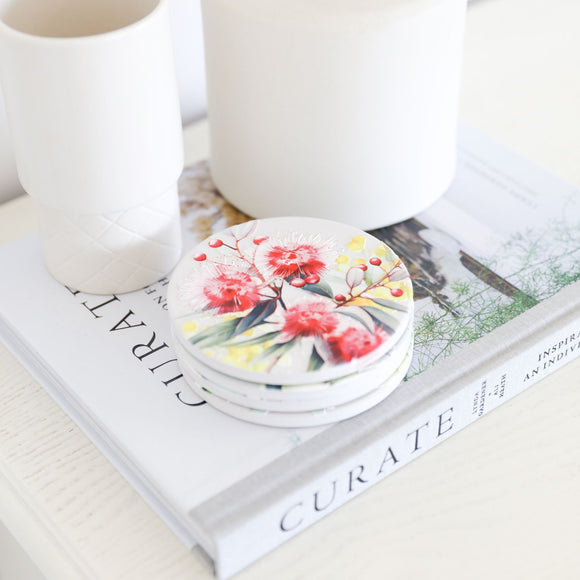 NATIVE BLOOMS RED WATTLE CERAMIC COASTER